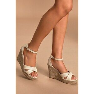 Lulus Donnie Bone Pebbled Espadrille Wedges White - Size 9